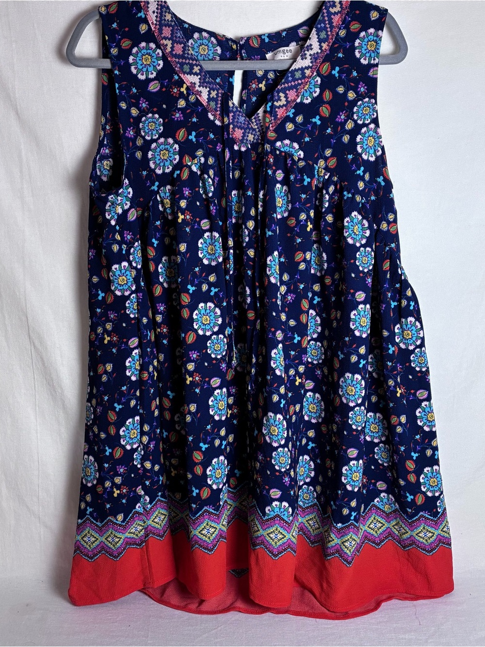 Umgee Womens Medium Floral Border Print Tunic Dress Sleeveless Boho HighLow Mini